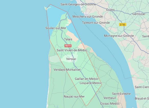 Carte de la région Médoc en France, montrant Soulac-sur-Mer, Saint-Vivien, Lesparre-Médoc, Naujac-sur-Mer, et une zone délimitée en rouge.