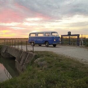 VW Combi van bleu sur route, pont canal, coucher soleil. Texte: Riso Combicolor Riserva Naturale.